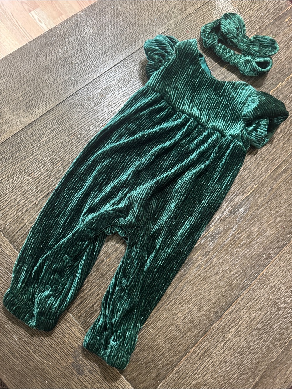 Cat & Jack Emerald Green Velvet Romper w/ Matching Headband | 3-6 Months